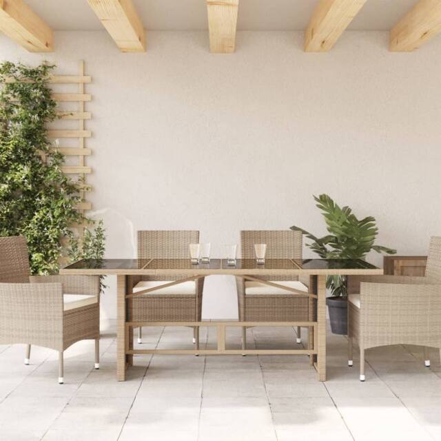 Berkfield Home Garden Table with Glass Top Beige 190x80x75 cm Poly Rattan - Size: 190 x 80 x 75 cm - image 1