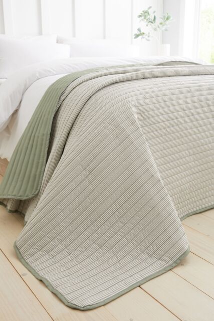Catherine Lansfield 'Stripe' Quilted Reversible Bedspread in Green - image 1