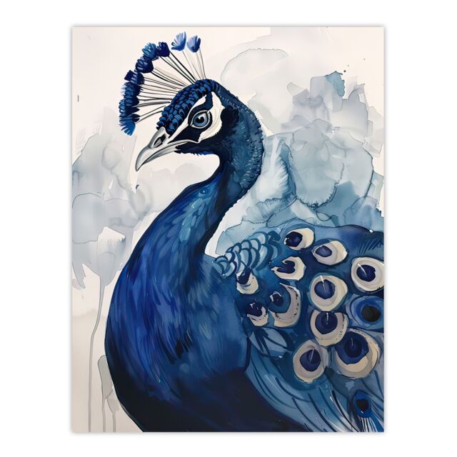 "Artery8 Elegant Blue Peafowl Peacock Bird Watercolour Wall Art Print - Size: W24"" x H32""" - image 1