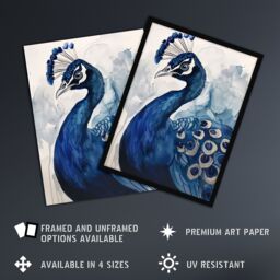 "Artery8 Elegant Blue Peafowl Peacock Bird Watercolour Wall Art Print - Size: W24"" x H32""" - thumbnail 2