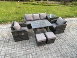 Fimous Rattan Wicker Garden Furniture Patio Conservatory Sofa Set with Rectangular Dining Table Reclining Chair in Dark Grey - thumbnail 2