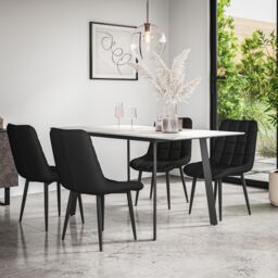 More4Homes Haydon Extending Dining Table & Chairs- White Marble Effect Table Top w Black Legs + Nova Faux Leather Dining Chair Set Of 6