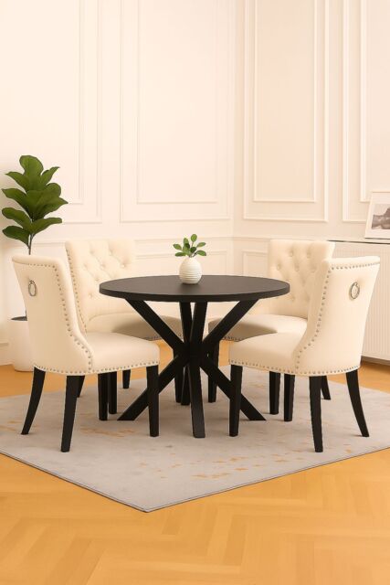 Neo Set of Four Studded Velvet Dining Chair with Ring Knocker Detail in Natural - Size: 4 Person - image 1