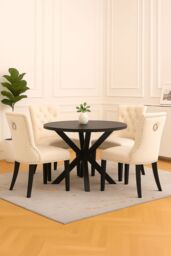 Neo Set of Four Studded Velvet Dining Chair with Ring Knocker Detail in Natural - Size: 4 Person