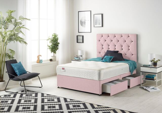 Somnior Premier Plush Velvet Sprung Memory Foam 4 Drawer Divan Bed Set with Upholstered Headboard in Pink - Size: Small Double - image 1