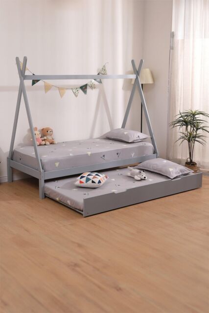 SlumberWorx Harry Kids Childrens Wooden Teepee Single Bed Frame with Guest Trundle in Grey - image 1