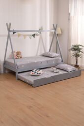 SlumberWorx Harry Kids Childrens Wooden Teepee Single Bed Frame with Guest Trundle in Grey - thumbnail 1