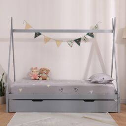 SlumberWorx Harry Kids Childrens Wooden Teepee Single Bed Frame with Guest Trundle in Grey - thumbnail 2