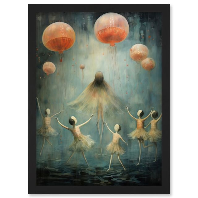 Artery8 Wall Art Print The Jellyfish Ballet Whimsical Surreal Underwater Dance Artwork Framed A4 in Black - image 1
