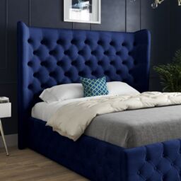KDMD Dreamer Wide Winged Upholstered Soft Velvet Designer Bed Frame in Blue - Size: Double - thumbnail 3