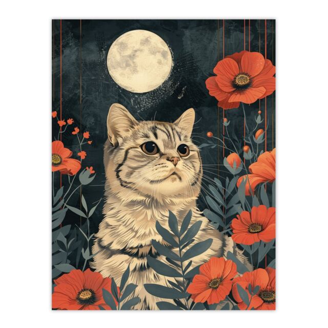 "Artery8 Wall Art Print Kitten in Poppies by Moon Cat Lover Animal Nature Poster in Grey - Size: W12"" x H16""" - image 1