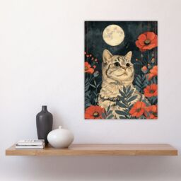 "Artery8 Wall Art Print Kitten in Poppies by Moon Cat Lover Animal Nature Poster in Grey - Size: W12"" x H16""" - thumbnail 4
