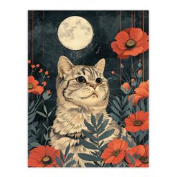 "Artery8 Wall Art Print Kitten in Poppies by Moon Cat Lover Animal Nature Poster in Grey - Size: W12"" x H16""" - thumbnail 1
