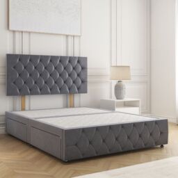 "BSSPOKE Mulberry Divan Bed Velvet 24""Headboard & 2Drawers Footend No Mattress in Charcoal - Size: Small Double" - thumbnail 1