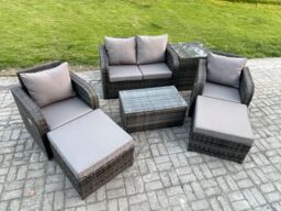 Fimous Outdoor Lounge Sofa Set Rattan Garden Furniture Set with Rectangular Coffee Table 2 Big Footstool Side Table in Dark Grey - thumbnail 2