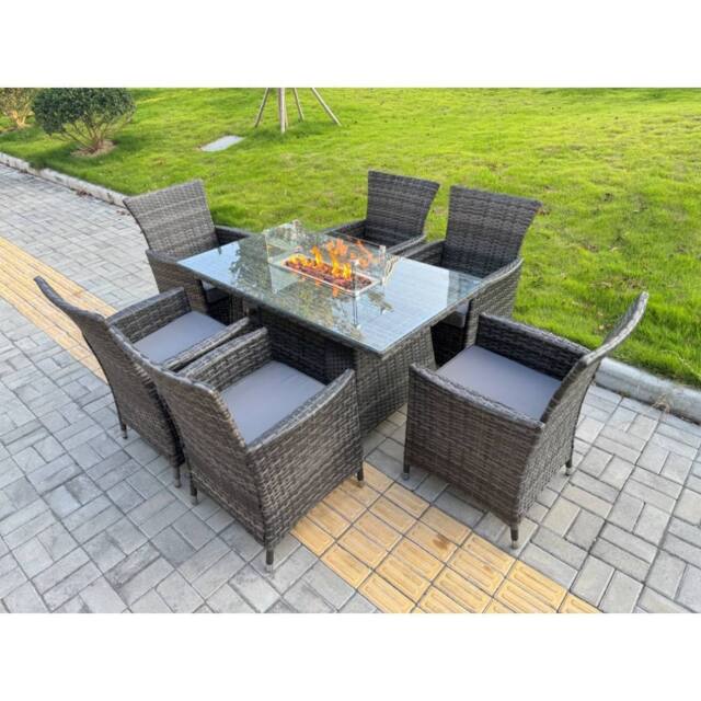 Fimous Rattan Garden Furniture Set 6-seater Patio Gas Firepit Table Chairs in Dark Grey - image 1