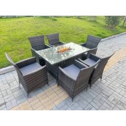 Fimous Rattan Garden Furniture Set 6-seater Patio Gas Firepit Table Chairs in Dark Grey - thumbnail 2