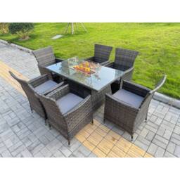 Fimous Rattan Garden Furniture Set 6-seater Patio Gas Firepit Table Chairs in Dark Grey - thumbnail 1