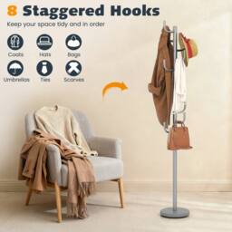Costway Freestanding Coat Rack Cactus Coat Tree w/8 Hooks Metal Hanger Stand in Silver - thumbnail 7