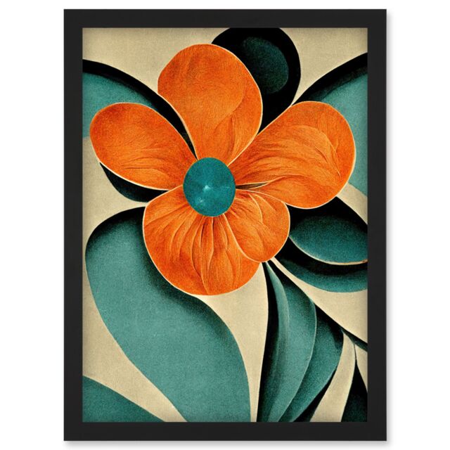 Artery8 Bold Art Deco Flowers Teal Orange Cream Poppy Artwork Framed Wall Art Print A4 in Black - image 1