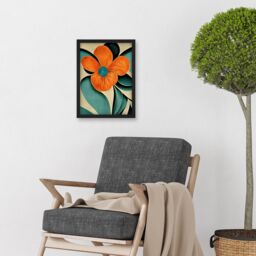 Artery8 Bold Art Deco Flowers Teal Orange Cream Poppy Artwork Framed Wall Art Print A4 in Black - thumbnail 2