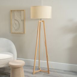 ValueLights Lottie Natural Wood Tripod Floor Lamp with Fabric Drum Shade & LED Bulb - thumbnail 3