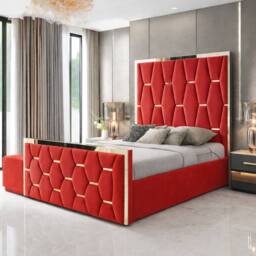 PARADISE BEDS LTD Upholstered Modern Platform Bed Frame With Mirror Designed Headboard in Red - Size: Double - thumbnail 1