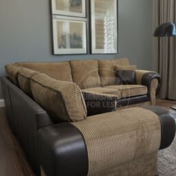 Furnishings For Less UK Large Portland Fabric & Leather 5 Seater L Shaped Corner Sofa Range Roll Arm Fullback in Beige - thumbnail 4