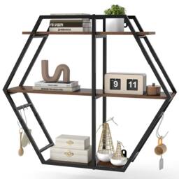 Gymax Industrial Hexagon Wall Shelves with Hooks & Metal Frame for Decor in Brown - thumbnail 1