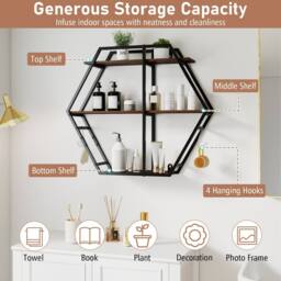 Gymax Industrial Hexagon Wall Shelves with Hooks & Metal Frame for Decor in Brown - thumbnail 3