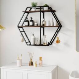 Gymax Industrial Hexagon Wall Shelves with Hooks & Metal Frame for Decor in Brown - thumbnail 8