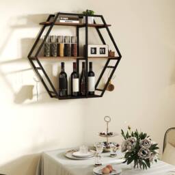 Gymax Industrial Hexagon Wall Shelves with Hooks & Metal Frame for Decor in Brown - thumbnail 9