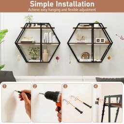 Gymax Industrial Hexagon Wall Shelves with Hooks & Metal Frame for Decor in Brown - thumbnail 4