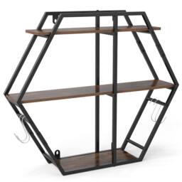 Gymax Industrial Hexagon Wall Shelves with Hooks & Metal Frame for Decor in Brown - thumbnail 7