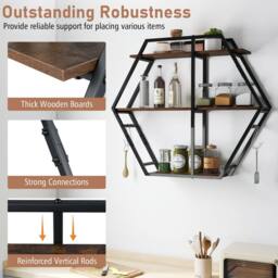 Gymax Industrial Hexagon Wall Shelves with Hooks & Metal Frame for Decor in Brown - thumbnail 5