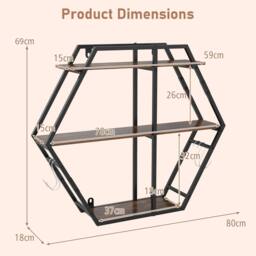 Gymax Industrial Hexagon Wall Shelves with Hooks & Metal Frame for Decor in Brown - thumbnail 2