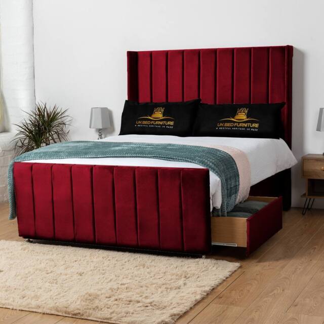UK Bed Furniture Seoul Wingback Divan Bed with 54 Inch Headboard & 2 Drawers Foot End in Maroon - Size: Small Double - image 1
