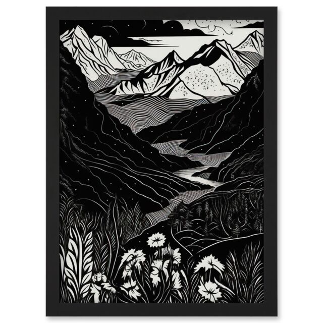 Artery8 Wildflowers in Spring Mountain Landscape Linocut Artwork Framed Wall Art Print A4 in Black - image 1