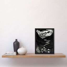 Artery8 Wildflowers in Spring Mountain Landscape Linocut Artwork Framed Wall Art Print A4 in Black - thumbnail 2