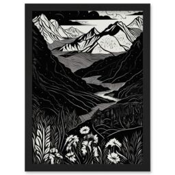 Artery8 Wildflowers in Spring Mountain Landscape Linocut Artwork Framed Wall Art Print A4 in Black - thumbnail 1