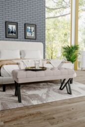 Living and Home Mid Century Metal Upholstered Bench in Beige - thumbnail 2