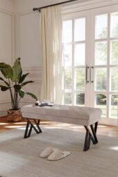 Living and Home Mid Century Metal Upholstered Bench in Beige - thumbnail 1
