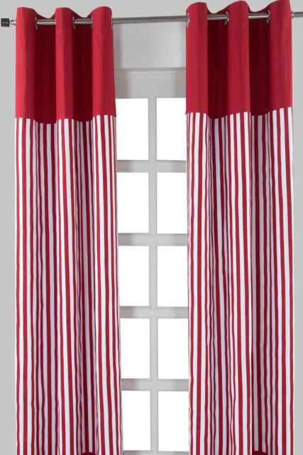 Homescapes Thick Red Stripe Ready Made Eyelet Curtain Pair - Size: 117 cm width x 137 cm drop