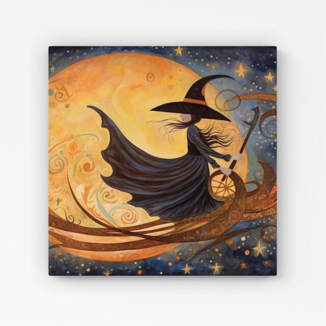 "Warren Reed - Designer Imaginative Painting Of A Whimsical Witch On A Broomstick Canvas in Orange - Size: W16"" x H16""" - image 1