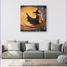 "Warren Reed - Designer Imaginative Painting Of A Whimsical Witch On A Broomstick Canvas in Orange - Size: W16"" x H16""" - thumbnail 4