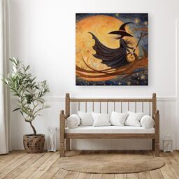 "Warren Reed - Designer Imaginative Painting Of A Whimsical Witch On A Broomstick Canvas in Orange - Size: W16"" x H16""" - thumbnail 3