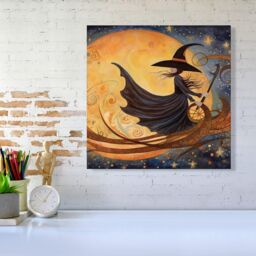 "Warren Reed - Designer Imaginative Painting Of A Whimsical Witch On A Broomstick Canvas in Orange - Size: W16"" x H16""" - thumbnail 2
