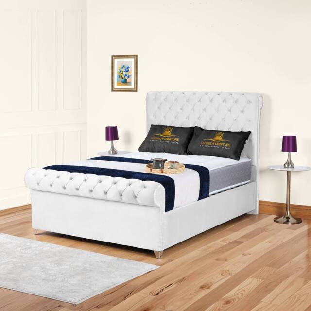"UK Bed Furniture Chesterfield Sleigh Upholstered Bed with 48"" Headboard - Slatted Base in White - Size: Super King" - image 1