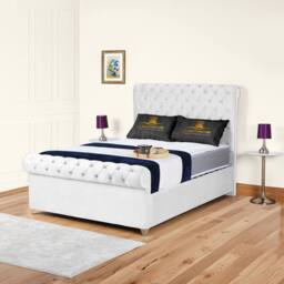 "UK Bed Furniture Chesterfield Sleigh Upholstered Bed with 48"" Headboard - Slatted Base in White - Size: Super King" - thumbnail 1