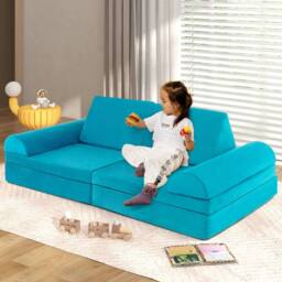 Costway 6PCS Modular Kids Play Couch Sofa Set Convertible Soft Foam Playset in Turquoise - thumbnail 1